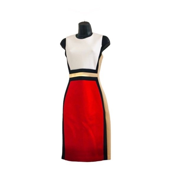 Calvin Klein red tan white black colorblock scuba fit sheath dress size 4 new - Picture 3 of 16
